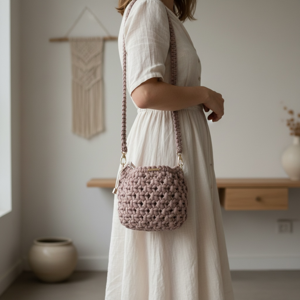 woman wearing taupe bucket bag with gold handle, chic summer outfit, luxury minimalist style