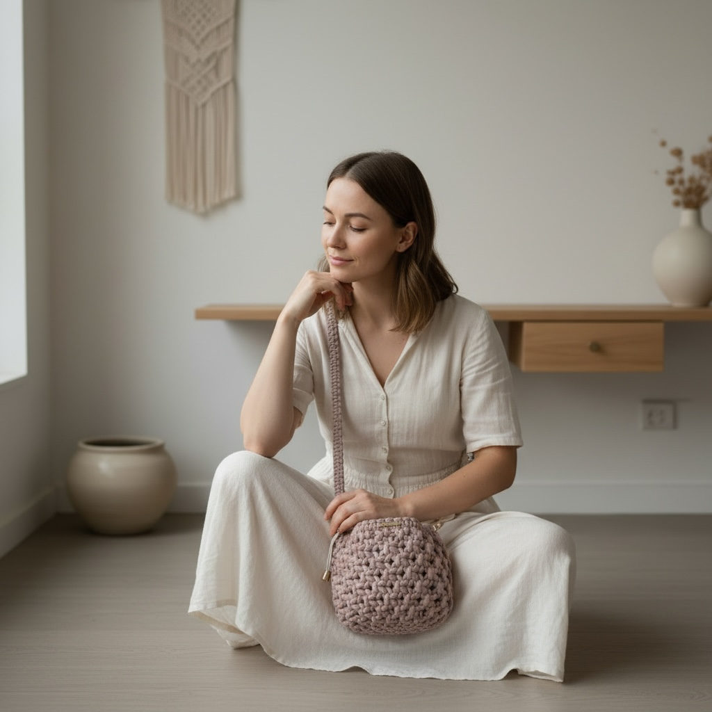 woman wearing taupe bucket bag with gold handle, chic summer outfit, luxury minimalist style