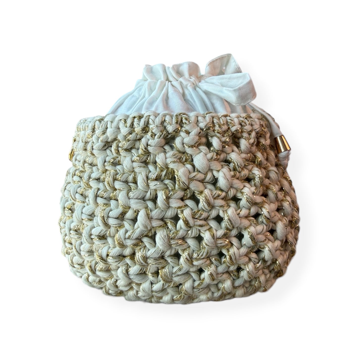 Gold Champagne Beige Macrame Bucket Bag