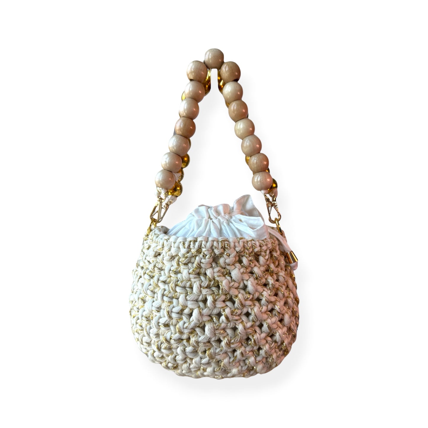 Gold Champagne Beige Macrame Bucket Bag