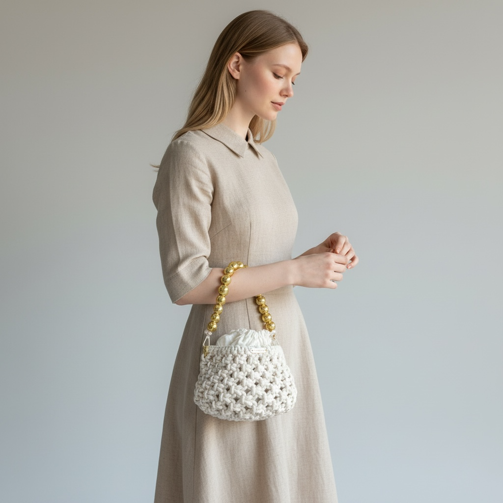 Beige Macrame Bucket Bag