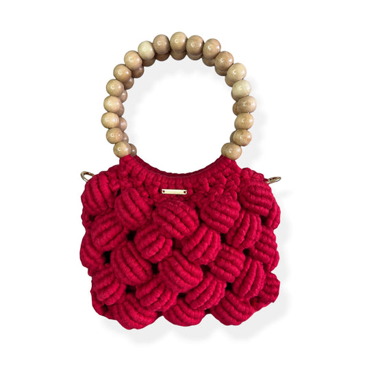 Ruby Red Beaded Handle Macrame Bag