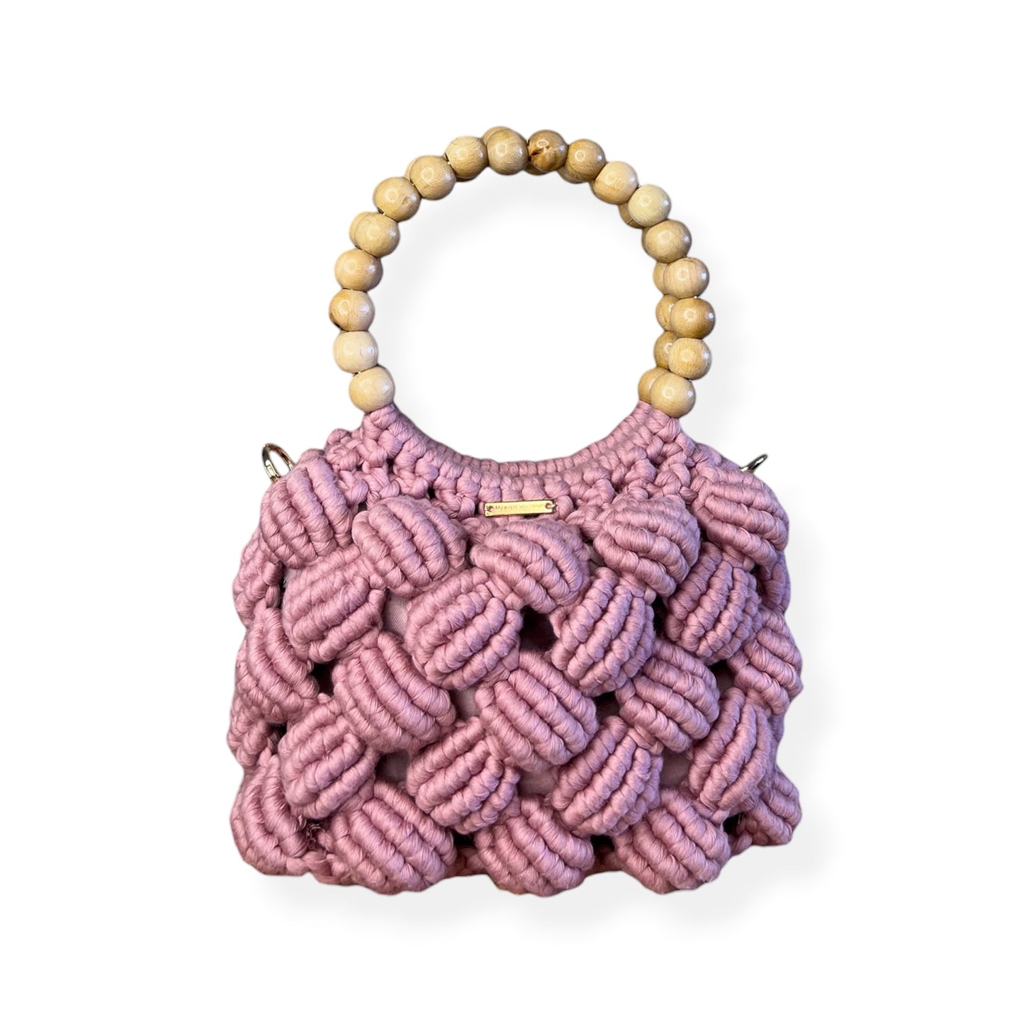 Dusty Rose Beaded Handle Macrame Bag