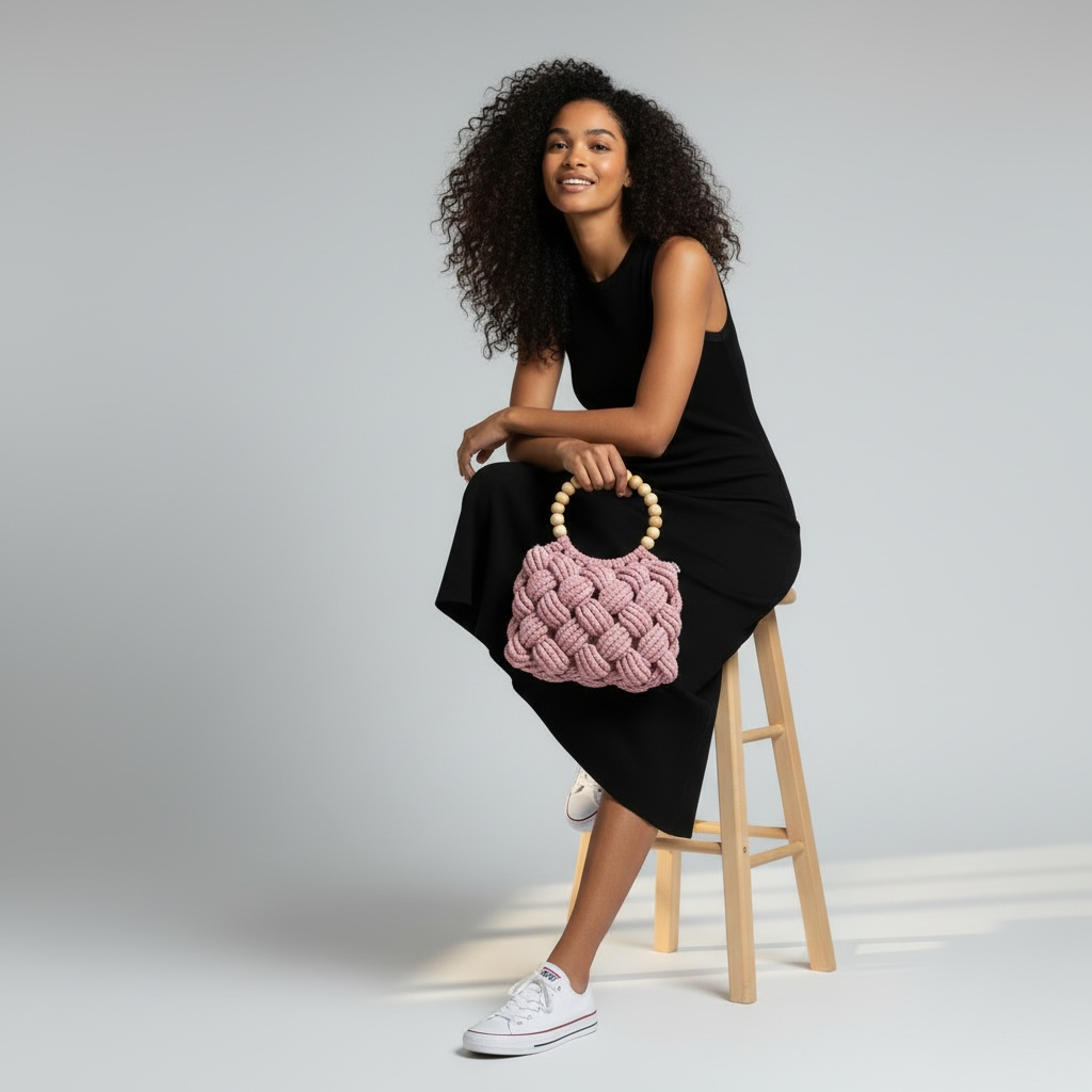 Dusty Rose Beaded Handle Macrame Bag