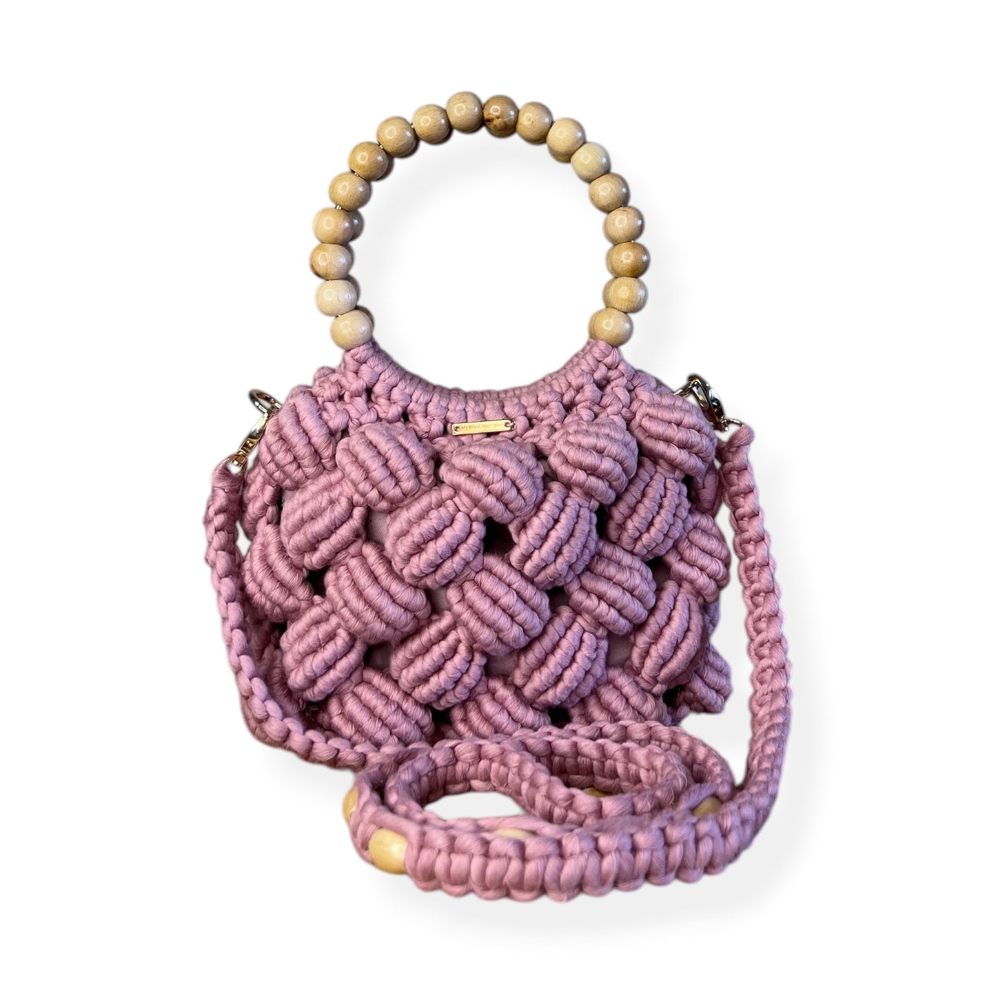 Dusty Rose Beaded Handle Macrame Bag