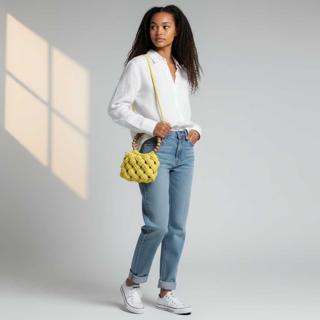 Butter Yellow Beaded Handle Macrame Bag