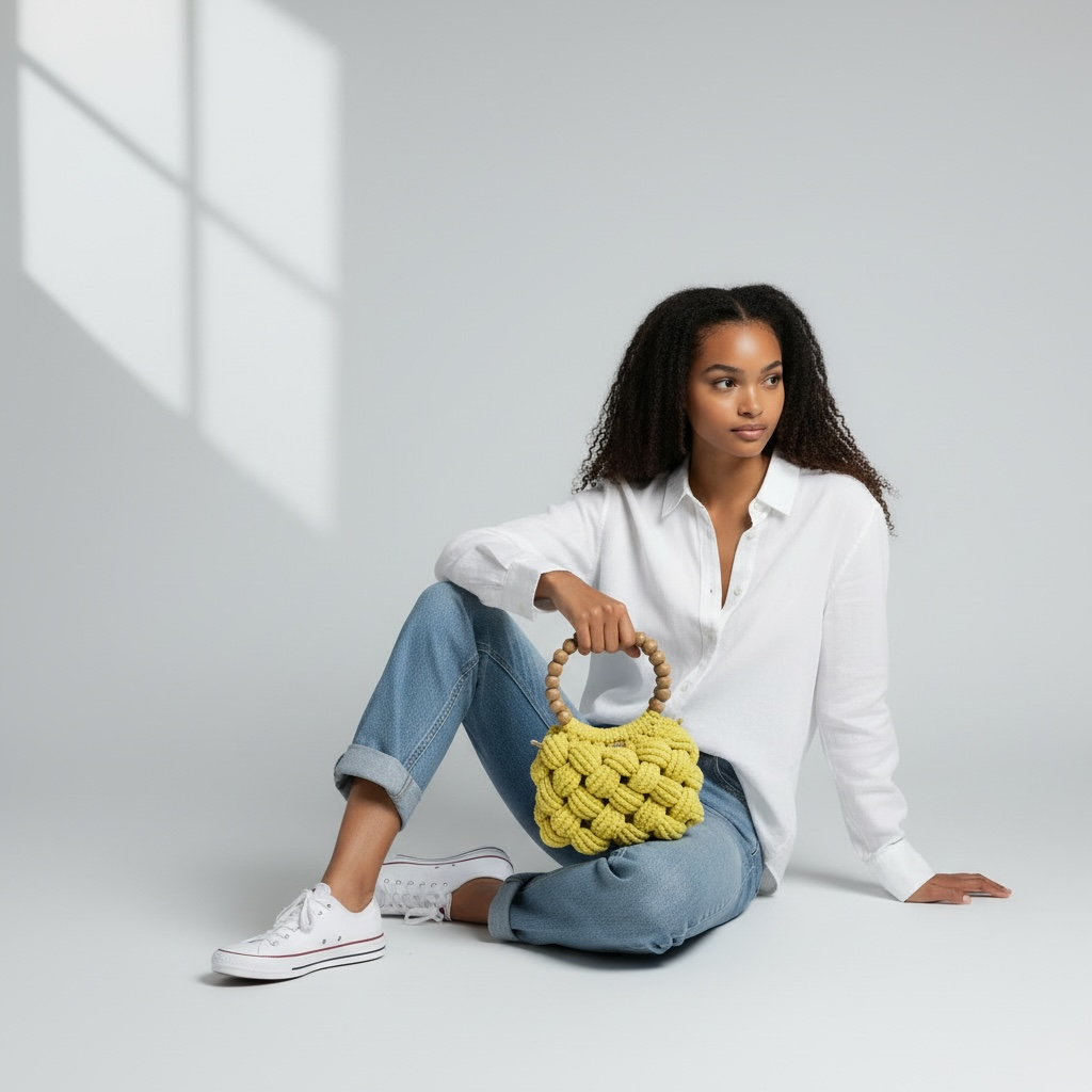 Butter Yellow Beaded Handle Macrame Bag