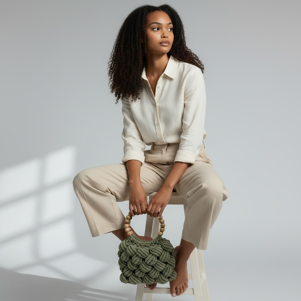Sage Green Beaded Handle Macrame Bag