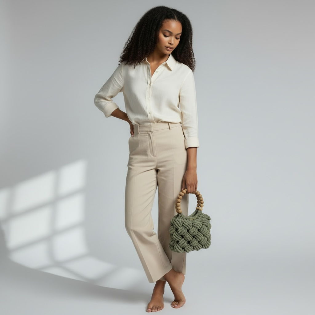 Sage Green Beaded Handle Macrame Bag