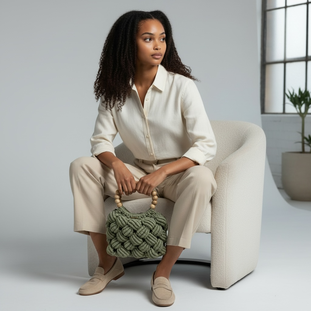 Sage Green Beaded Handle Macrame Bag