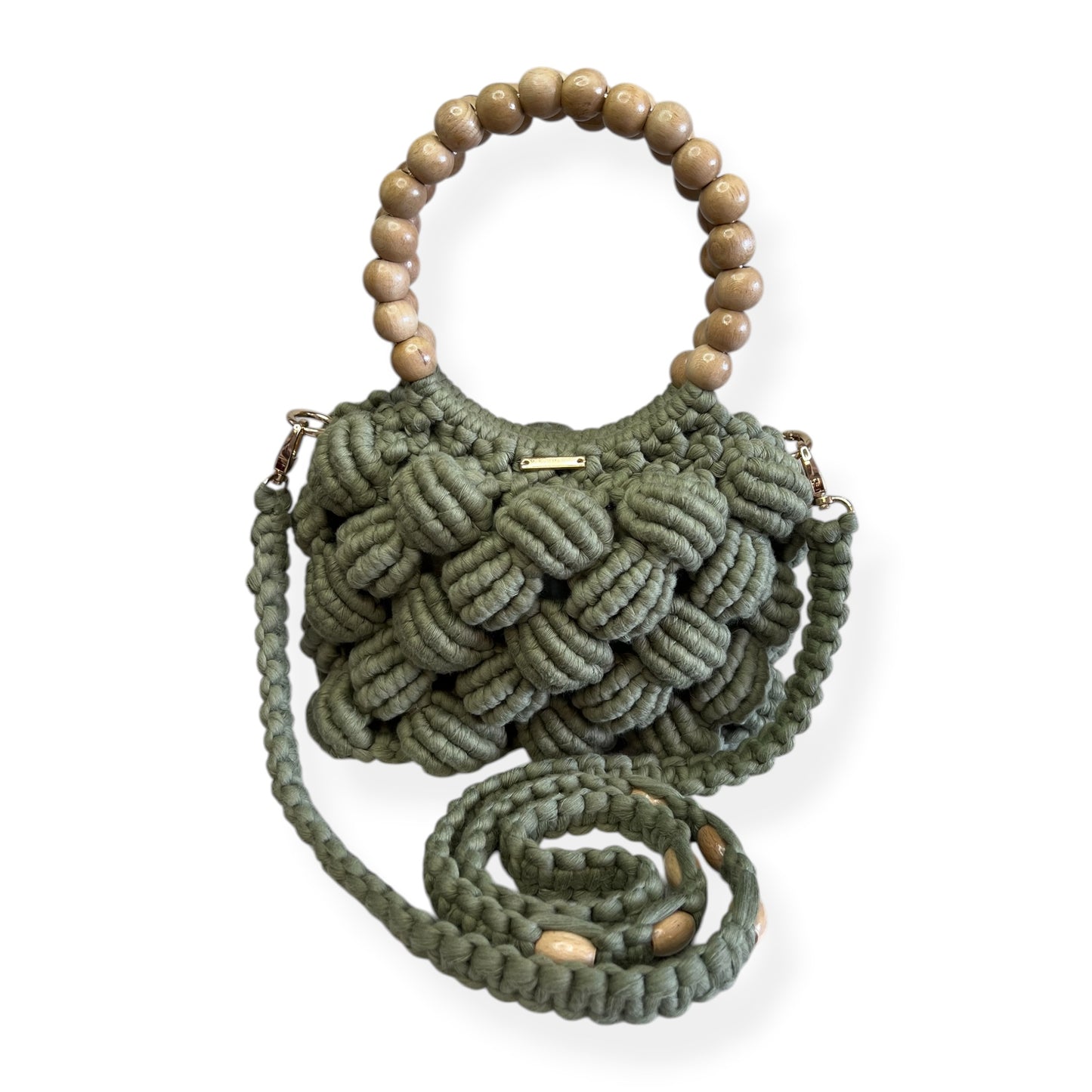 Sage Green Beaded Handle Macrame Bag