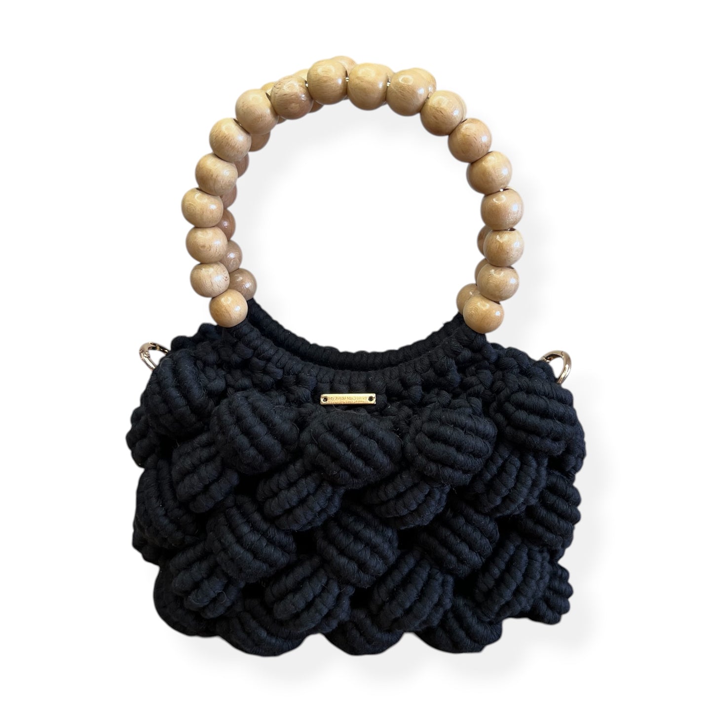 Classic Black Beaded Handle Macrame Bag