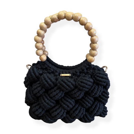 Classic Black Beaded Handle Macrame Bag