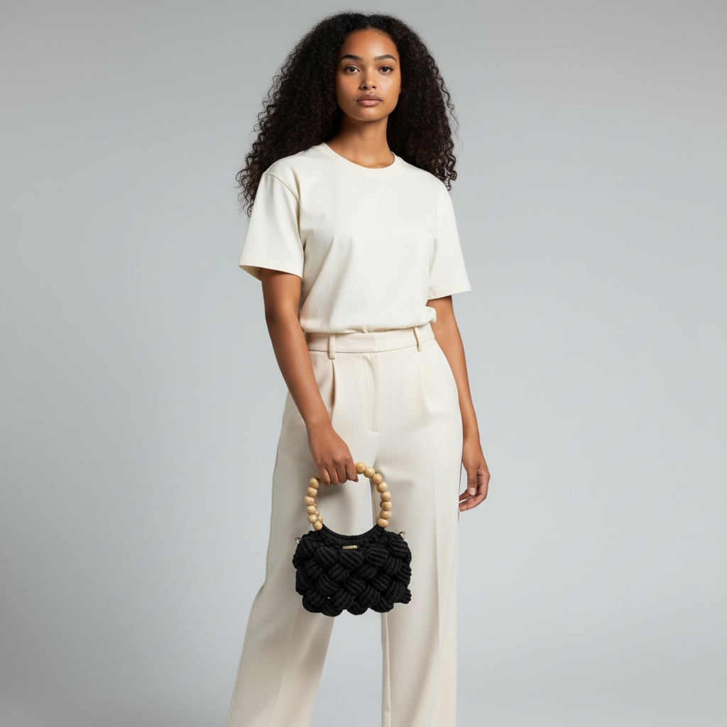 Classic Black Beaded Handle Macrame Bag