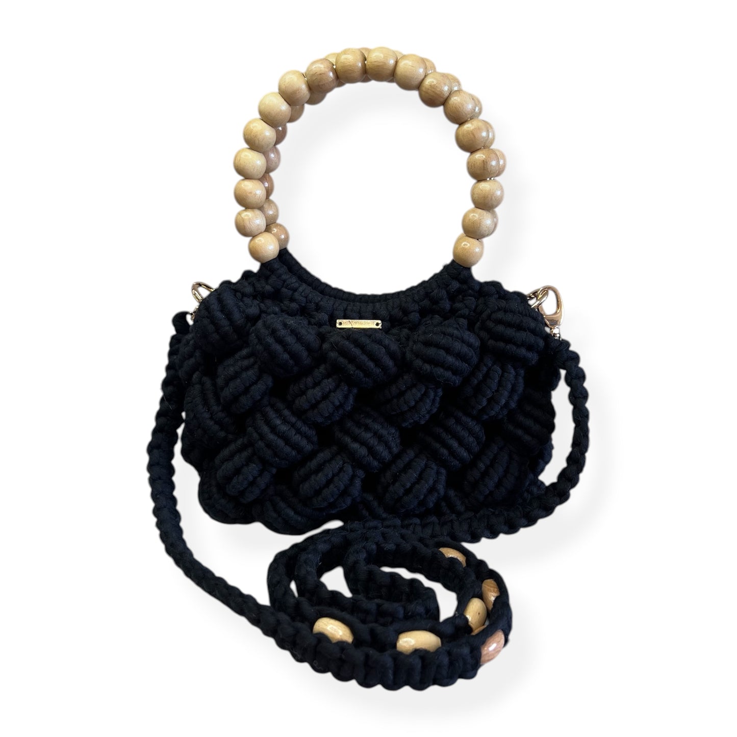 Classic Black Beaded Handle Macrame Bag