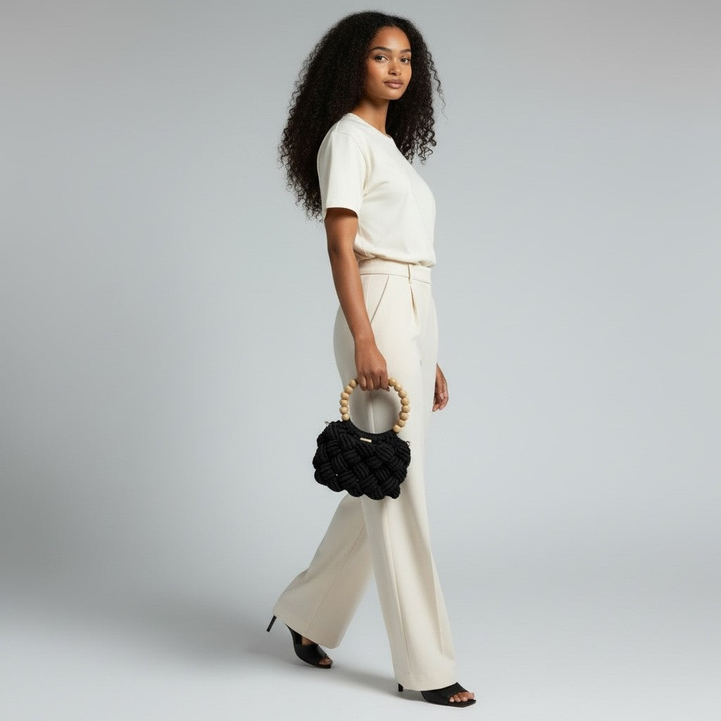 Classic Black Beaded Handle Macrame Bag
