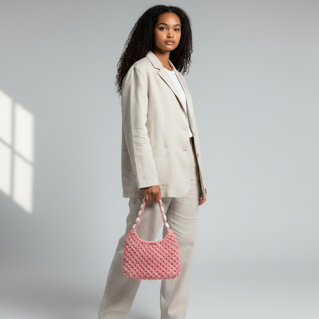 Blush Coral Macrame Half Moon Bag – Floral Strap