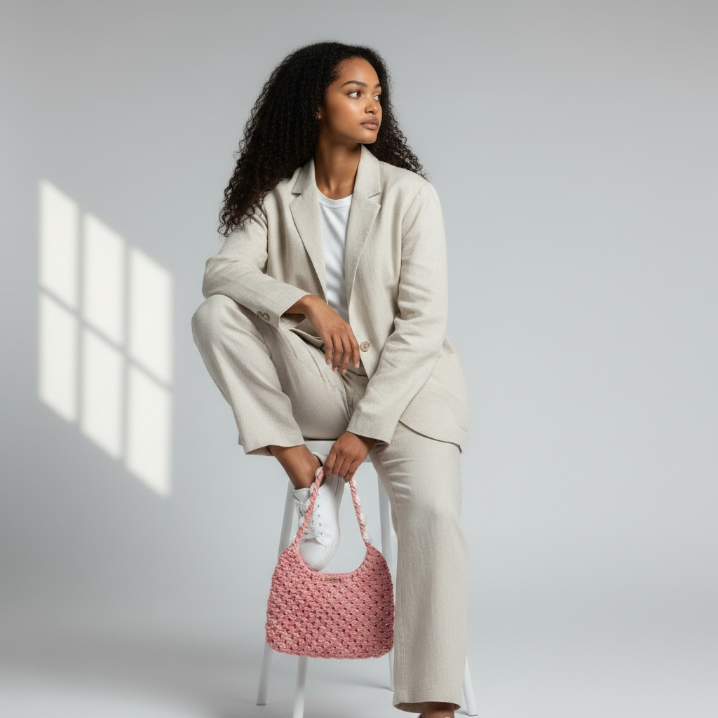 Blush Coral Macrame Half Moon Bag – Floral Strap