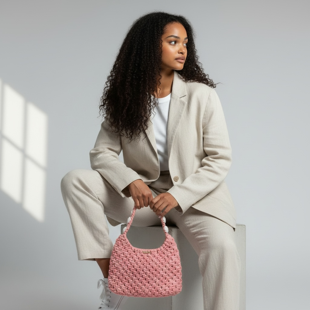 Blush Coral Macrame Half Moon Bag – Floral Strap