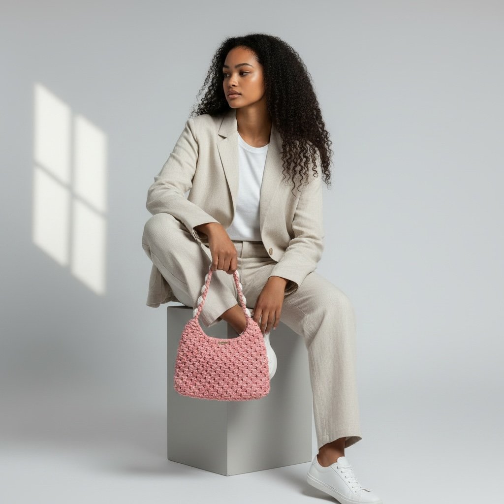 Blush Coral Macrame Half Moon Bag – Floral Strap