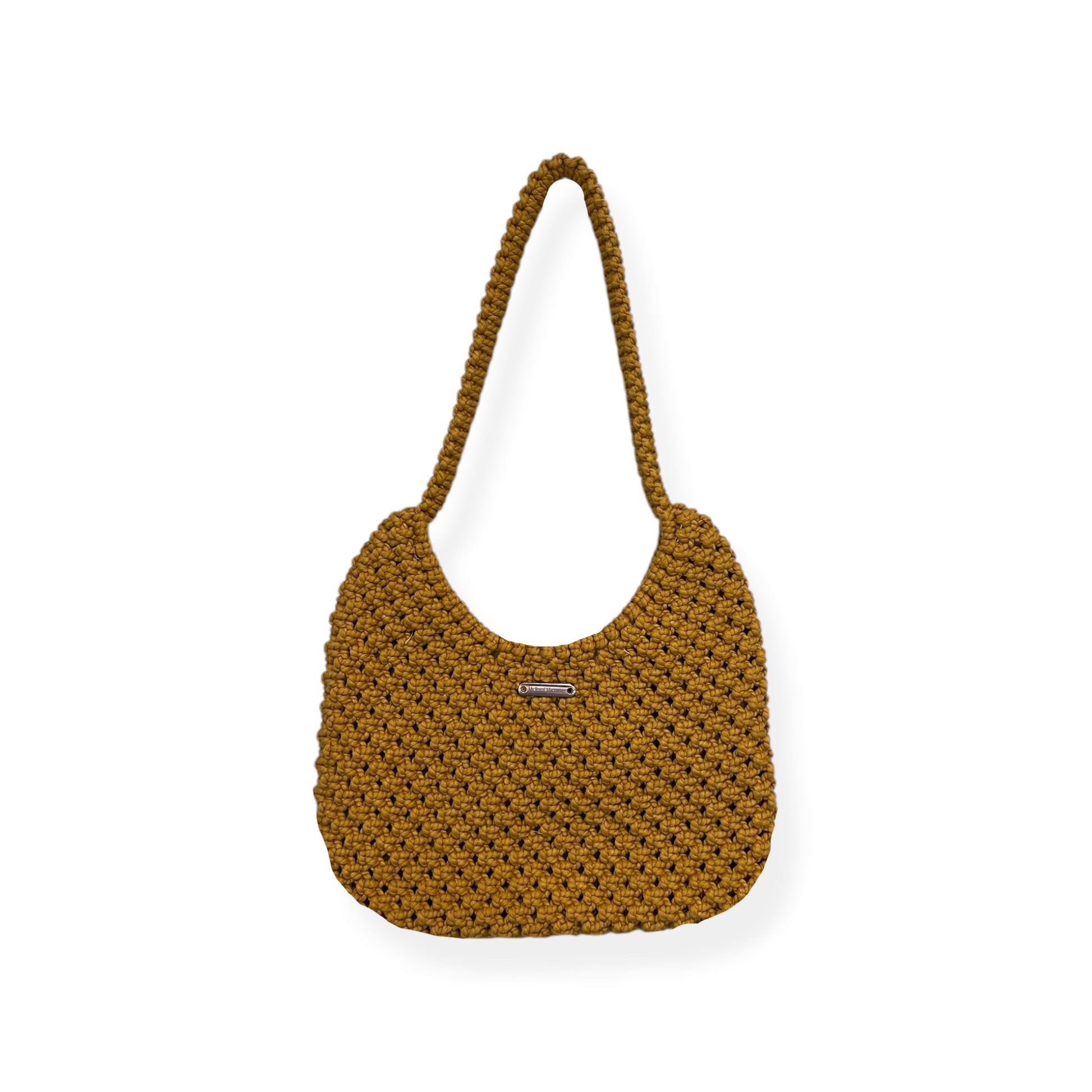 Mustard macrame shoulder bag with handwoven texture on white background