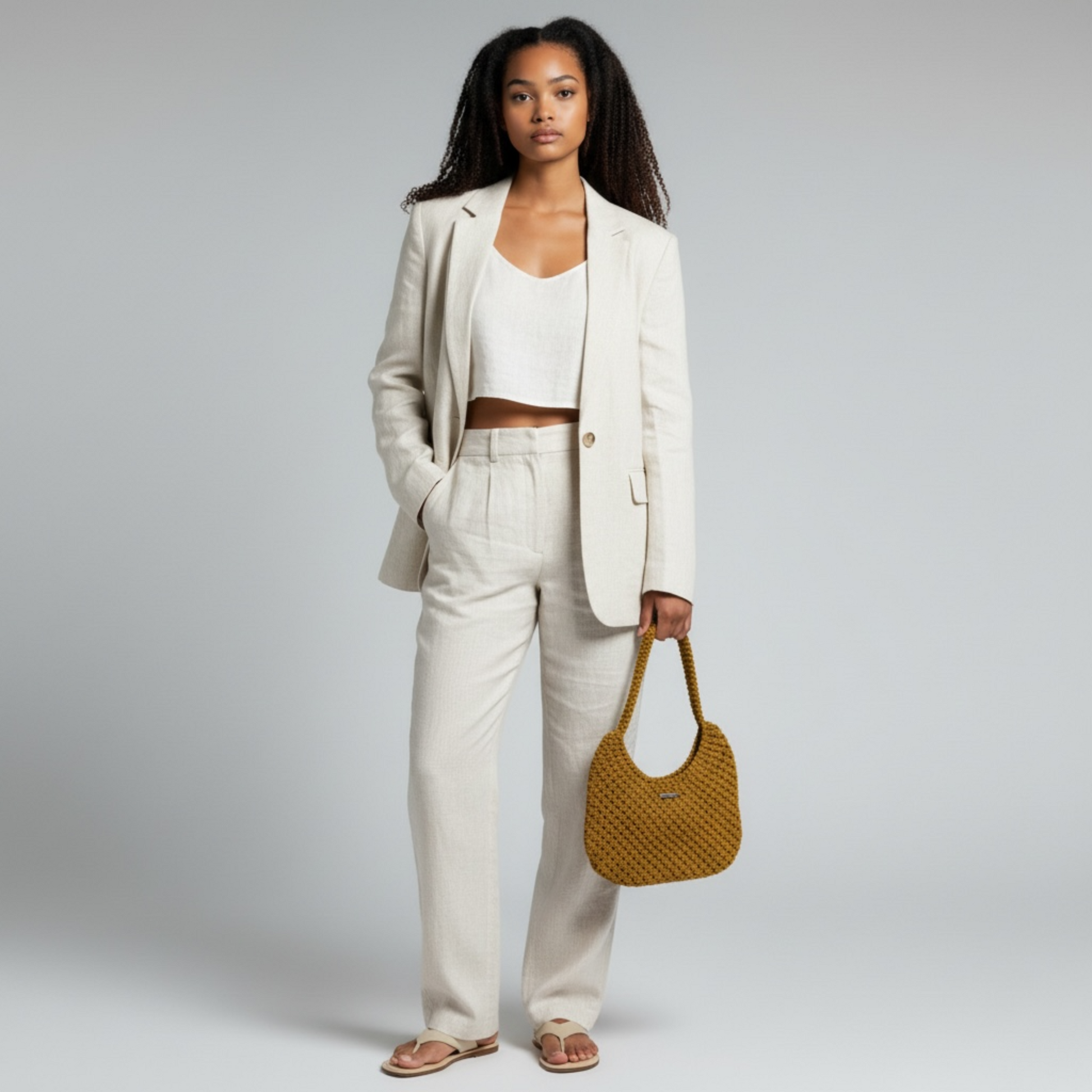 Woman holding a mustard macrame shoulder bag with neutral outfit, minimalist fashion style