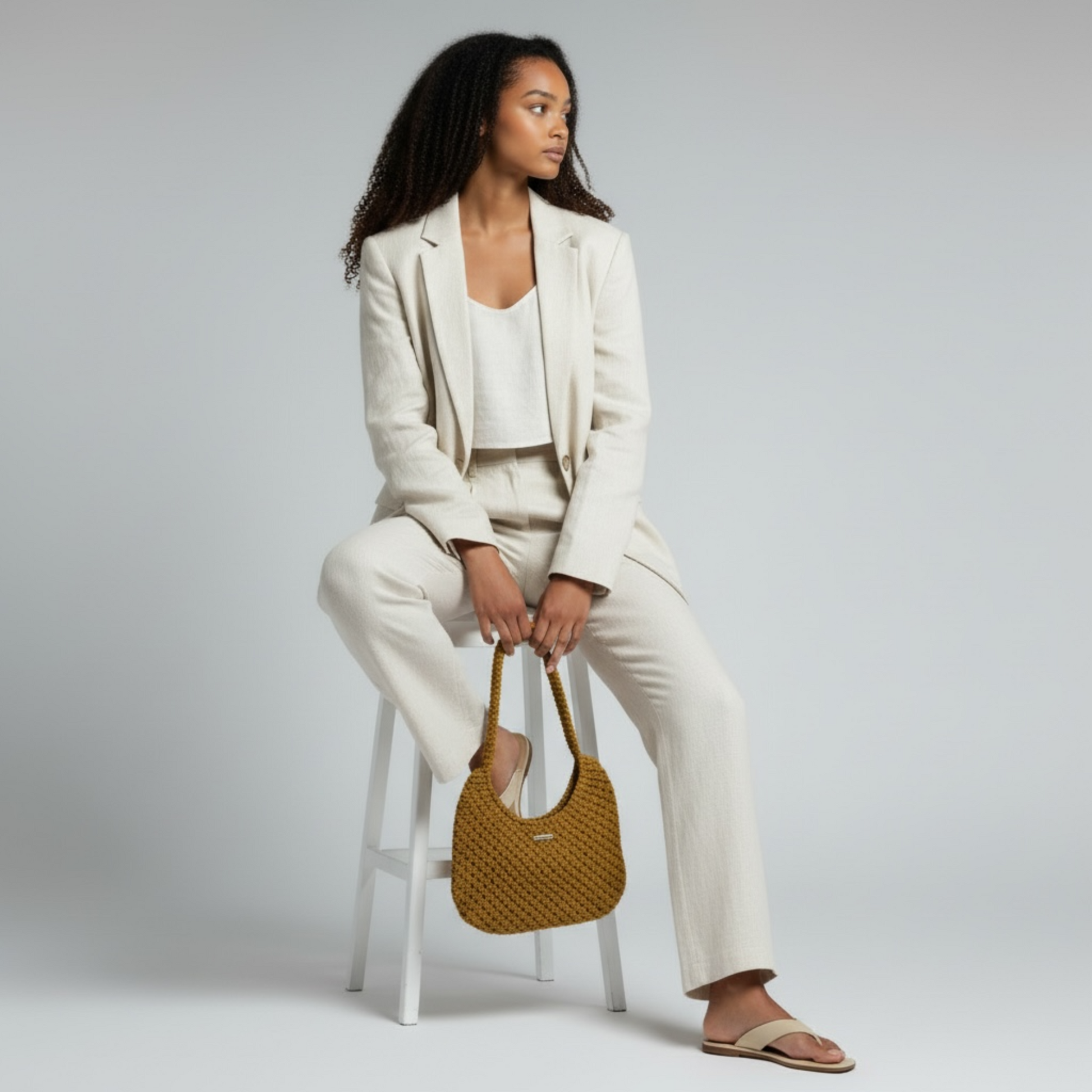 Handmade mustard macrame bag styled with beige suit, modern boho fashion look
