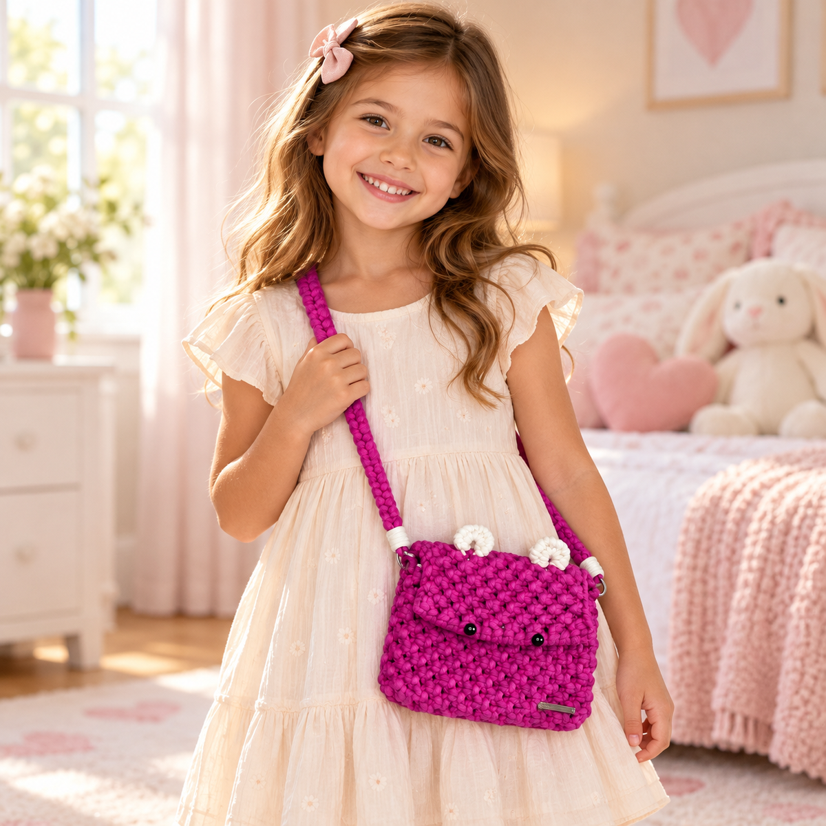 Smiling girl in a cream dress wearing the handmade fuchsia Berry Bear macrame crossbody bag with white ear details.