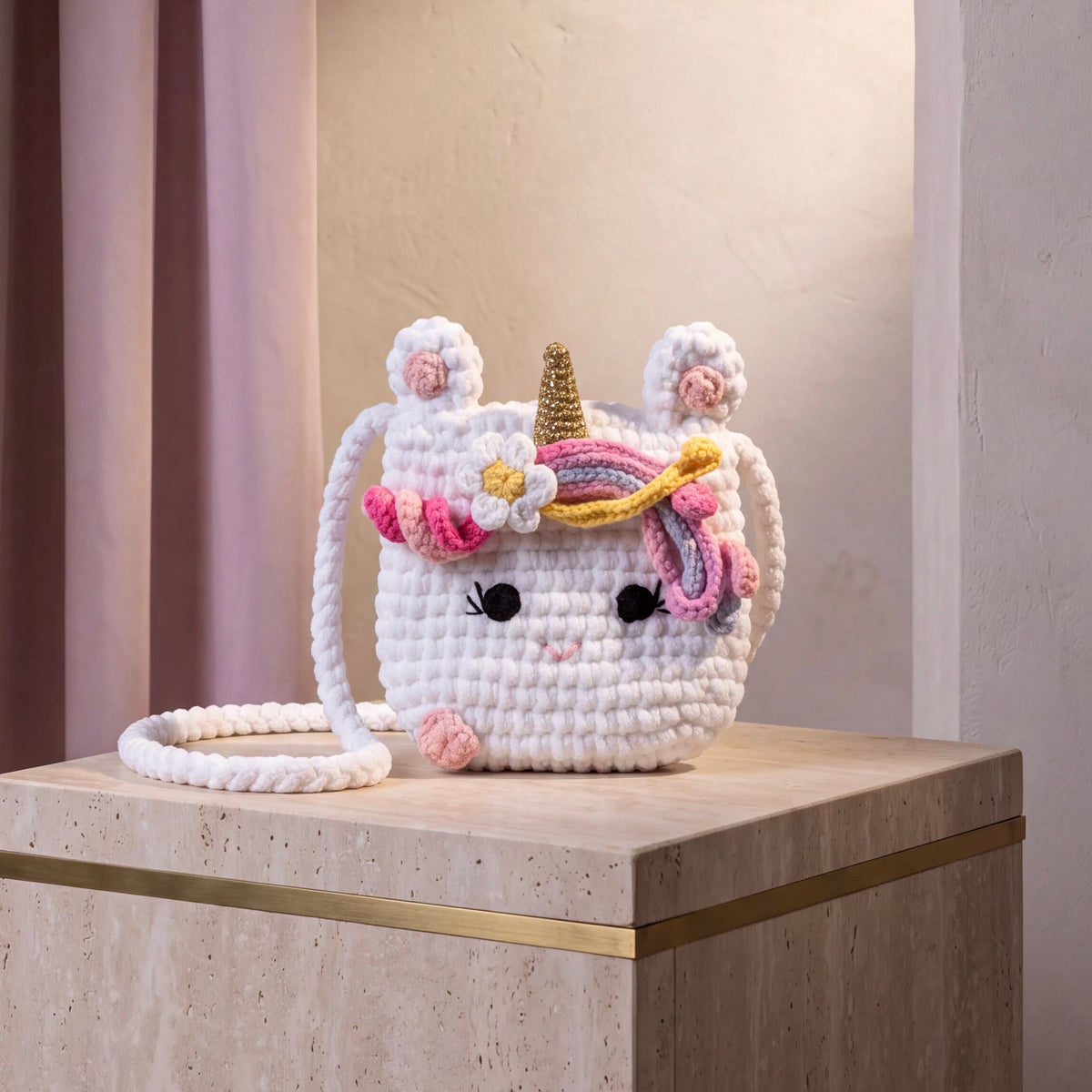 Handmade white unicorn crochet bag displayed on a bedside table, with a gold horn, pink flowers and a colorful mane.