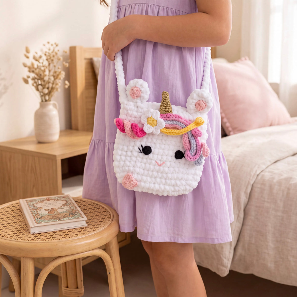 Child wearing a white unicorn crochet bag with a long shoulder strap, colorful mane and floral details.