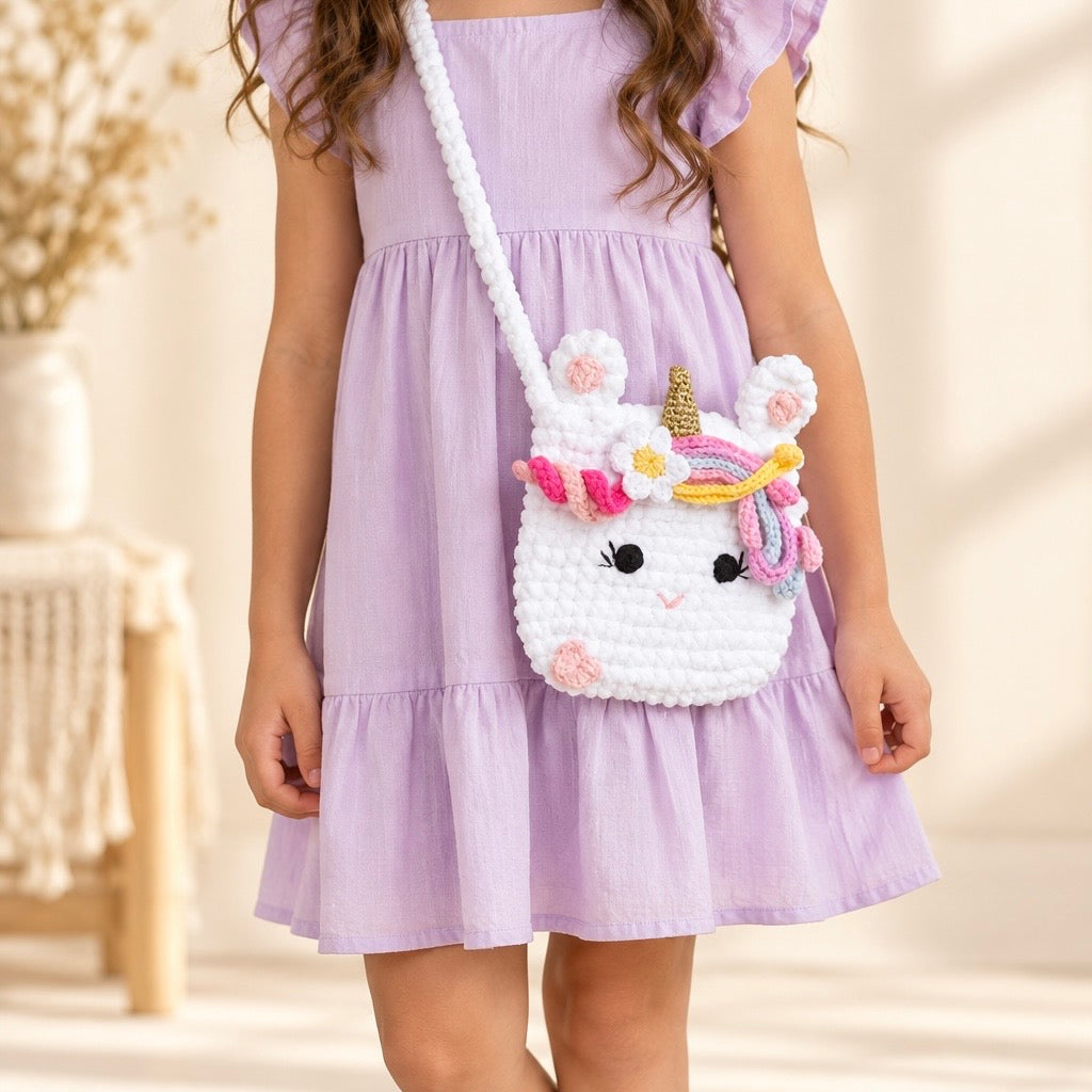 White handmade unicorn crochet crossbody bag worn by a child in a lilac dress, with pink flowers and a gold horn.